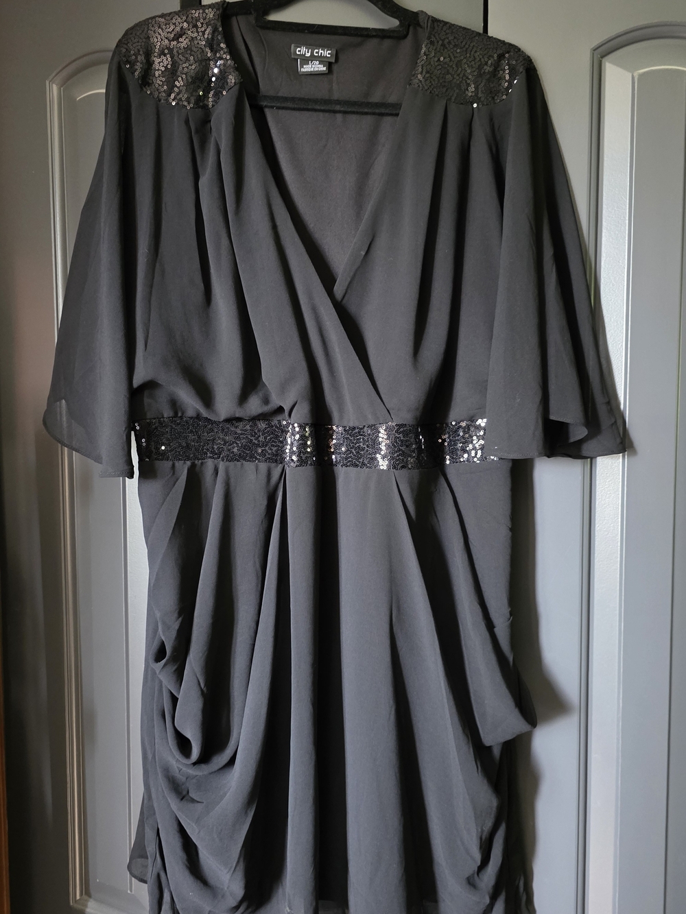 City Chic Black Sequin-Trim Midi Wrap Dress